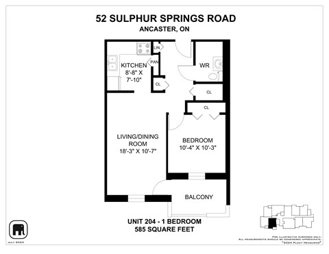 A floor plan for a 52 Sulphur Springs Road apartment in Ancaster, Ontario.
